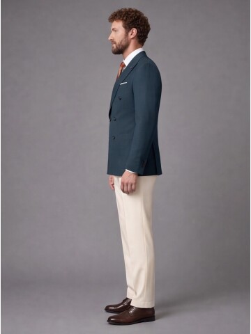 Koyu Yeşil Kruvaze Ceket Bej Pantolon Kombinli Slim Fit Takım Elbise