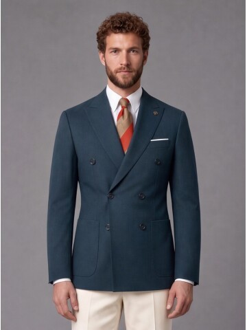 Koyu Yeşil Kruvaze Ceket Bej Pantolon Kombinli Slim Fit Takım Elbise