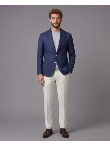 Lacivert Ceket Beyaz Pantolon Kombinli Slim Fit Takım Elbise