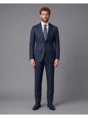 Navy Striped Suit with Mandarin Collar