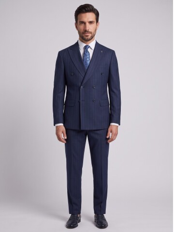 Navy Striped Regular Fit Double Breasted Suit