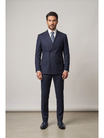 Navy Blue Striped Peak Lapel Double Breasted 6 Button Comfort Fit Suit