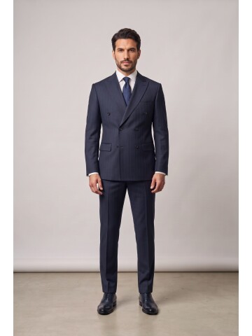 Navy Pinstripe Peak Lapel Double Breasted Suit