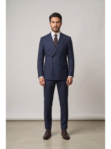 Navy Pinstripe Peak Lapel Double Breasted Suit
