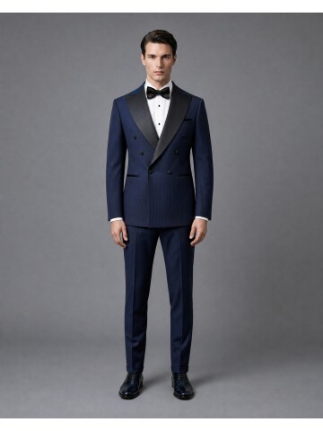 Lacivert Çizgili Slim Fit Kruvaze Damatlık