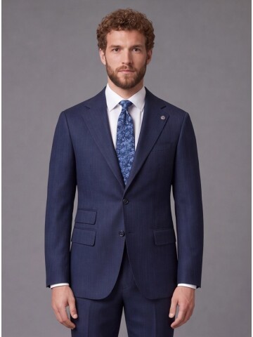 Navy Striped Slim Fit Mandarin Collar 2-Button Suit