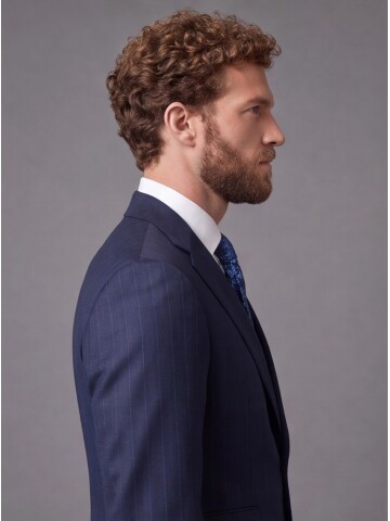 Navy Striped Slim Fit Mandarin Collar 2-Button Suit