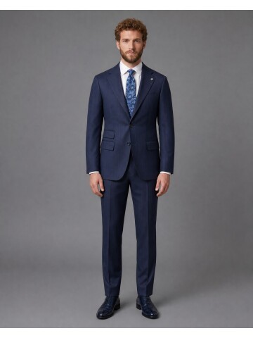 Navy Striped Slim Fit Mandarin Collar 2-Button Suit