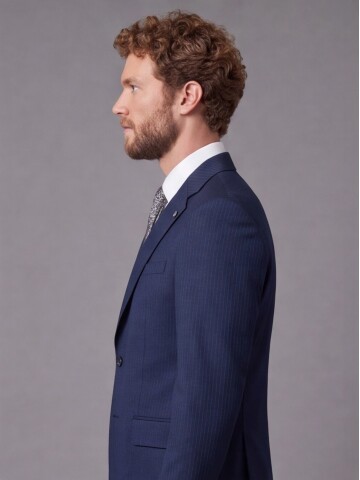 Navy Striped Slim Fit Mandarin Collar 2-Button Suit
