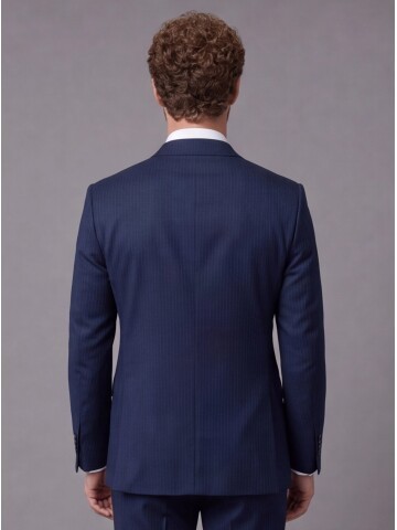 Navy Striped Slim Fit Mandarin Collar 2-Button Suit