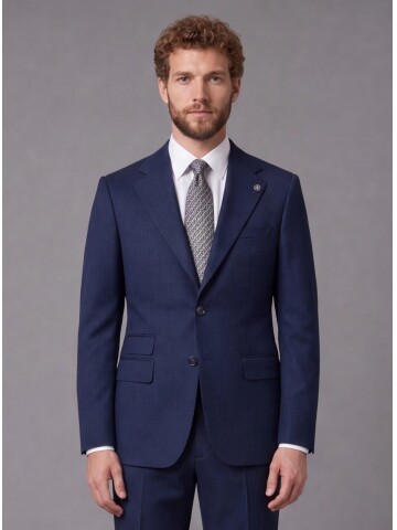 Navy Striped Slim Fit Mandarin Collar 2-Button Suit