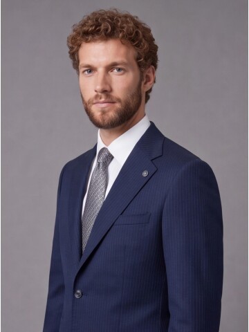 Navy Striped Slim Fit Mandarin Collar 2-Button Suit