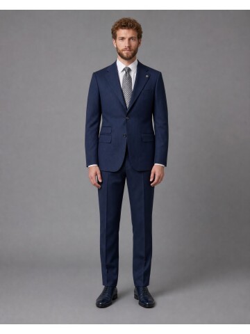 Navy Striped Slim Fit Mandarin Collar 2-Button Suit