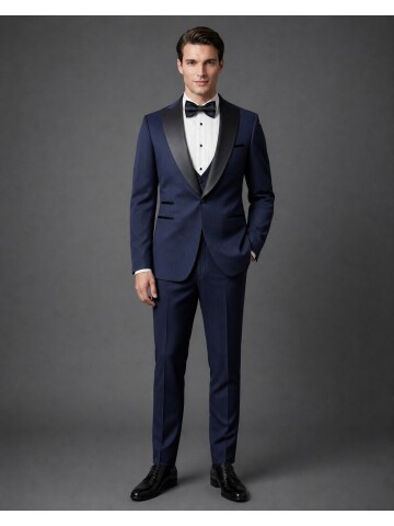 Lacivert Çizgili Slim Fit Sivri Yaka Tek Düğme Damatlık
