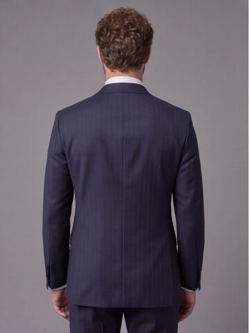 Lacivert Çizgili Yünlü Mono Yaka Comfort Fit Takım Elbise