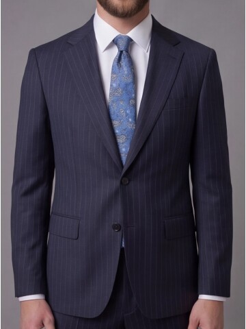 Lacivert Çizgili Yünlü Mono Yaka Comfort Fit Takım Elbise