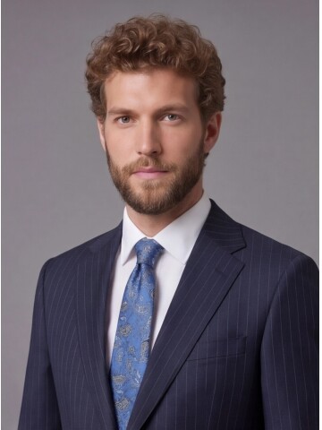 Lacivert Çizgili Yünlü Mono Yaka Comfort Fit Takım Elbise