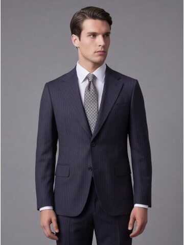 Lacivert Çizgili Yünlü Mono Yaka Regular Fit Takım Elbise