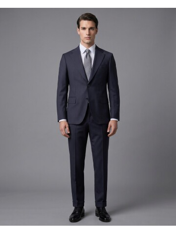 Lacivert Çizgili Yünlü Mono Yaka Regular Fit Takım Elbise