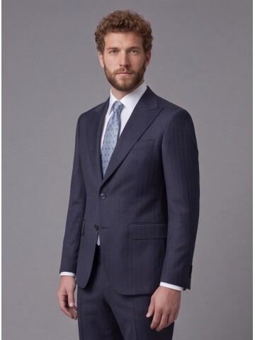 Lacivert Çizgili Yünlü Sivri Yaka Comfort Fit Takım Elbise