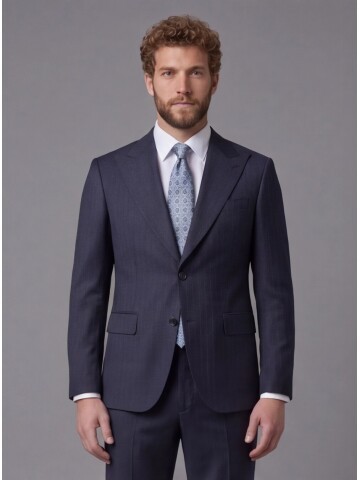 Lacivert Çizgili Yünlü Sivri Yaka Comfort Fit Takım Elbise