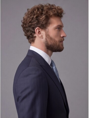 Lacivert Çizgili Yünlü Sivri Yaka Comfort Fit Takım Elbise