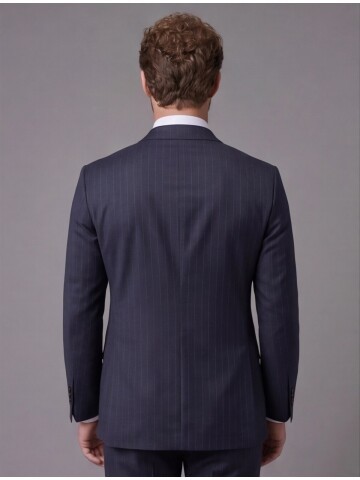 Lacivert Çizgili Yünlü Sivri Yaka Comfort Fit Takım Elbise