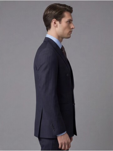 Lacivert Çizgili Yünlü Sivri Yaka Kruvaze Regular Fit 6 Düğme Takım Elbise