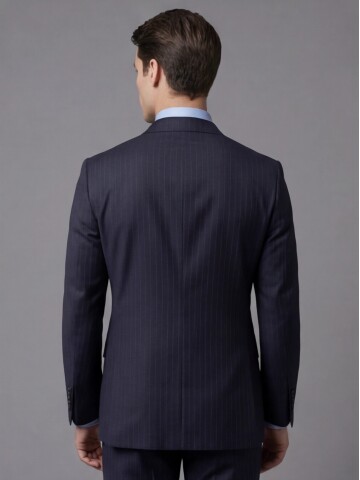 Lacivert Çizgili Yünlü Sivri Yaka Kruvaze Regular Fit 6 Düğme Takım Elbise