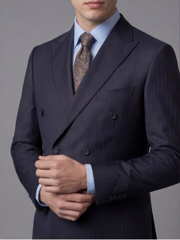 Lacivert Çizgili Yünlü Sivri Yaka Kruvaze Regular Fit 6 Düğme Takım Elbise