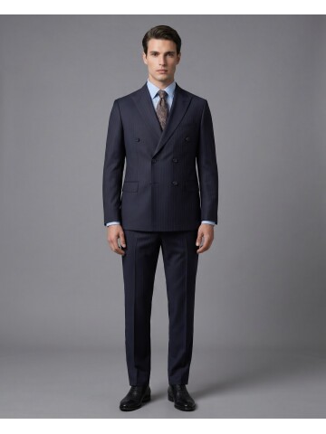 Lacivert Çizgili Yünlü Sivri Yaka Kruvaze Regular Fit 6 Düğme Takım Elbise