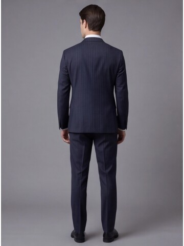 Lacivert Çizgili Yünlü Sivri Yaka Regular Fit Takım Elbise