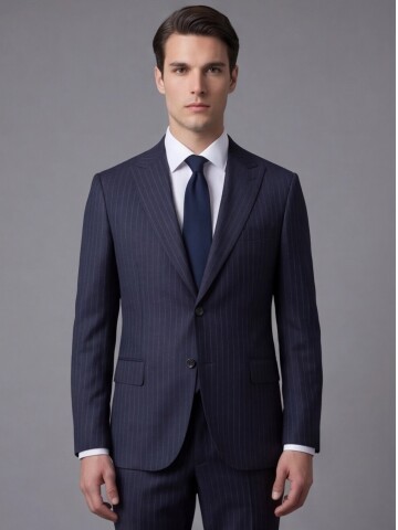 Lacivert Çizgili Yünlü Sivri Yaka Regular Fit Takım Elbise