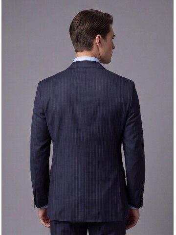 Lacivert Çizgili Yünlü Sivri Yaka Regular Fit Takım Elbise