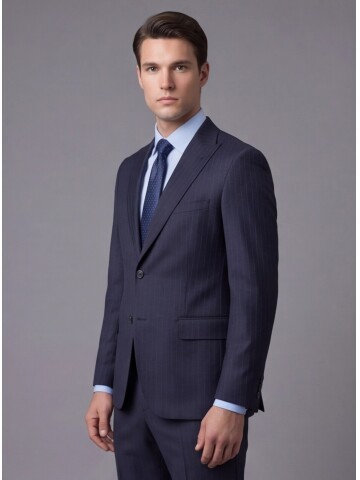 Lacivert Çizgili Yünlü Sivri Yaka Regular Fit Takım Elbise