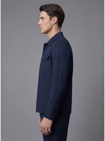 Navy Blue Comfort Fit Shirt Collar Safari Pocket Sporty Suit