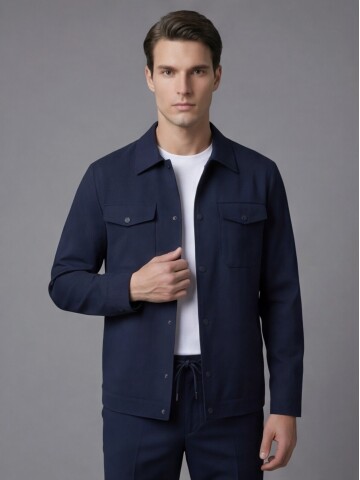 Navy Blue Comfort Fit Shirt Collar Safari Pocket Sporty Suit