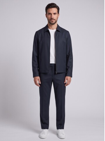 Navy Zip-Up Smart Casual Jacket & Trousers Mens Set
