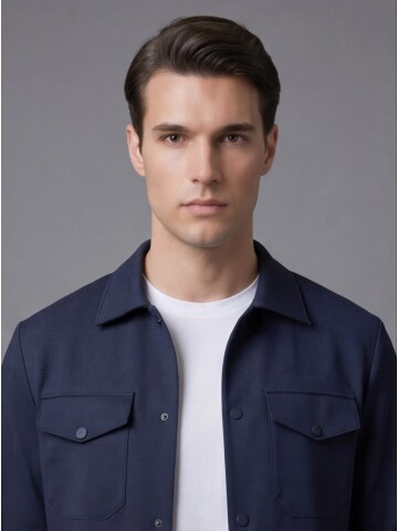 Lacivert Gömlek Yaka Safari Cep Comfort Fit Spor Takım