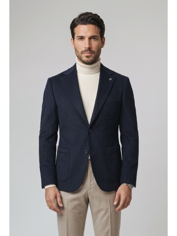 Navy Blue Velvet Notch Lapel Slim Fit Jacket