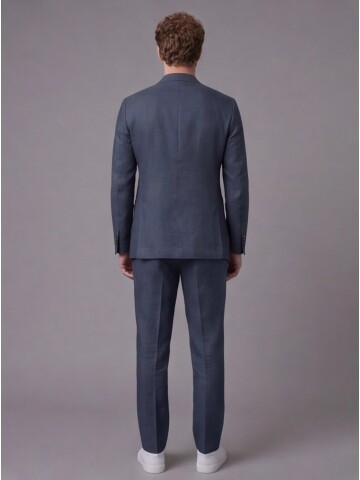 Lacivert Keten Sivri Yaka Comfort Fit Torba Cep 2 Düğme Takım Elbise