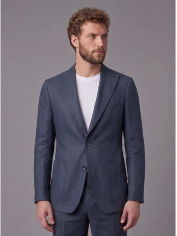 Lacivert Keten Sivri Yaka Comfort Fit Torba Cep 2 Düğme Takım Elbise