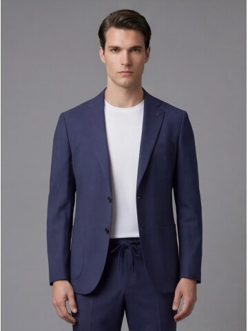 Navy Blue Notch Lapel Suit with Patch Pockets