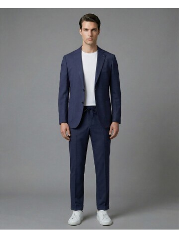 Navy Blue Notch Lapel Suit with Patch Pockets