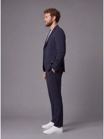 Navy Blue Mono-Neck Suit with Patch Pockets