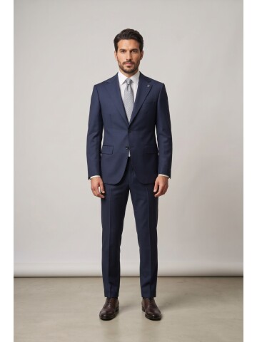 Lacivert Mono Yaka Yünlü 2 Düğme Comfort Fit Takım Elbise
