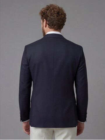 Navy Blue Peak Lapel Comfort Fit Single Button Tuxedo Jacket & White Trousers Suit Combination