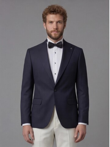 Navy Blue Peak Lapel Comfort Fit Single Button Tuxedo Jacket & White Trousers Suit Combination