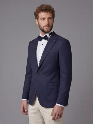 Navy Blue Peak Lapel Comfort Fit Single Button Tuxedo Jacket & Beige Trousers Suit Combination