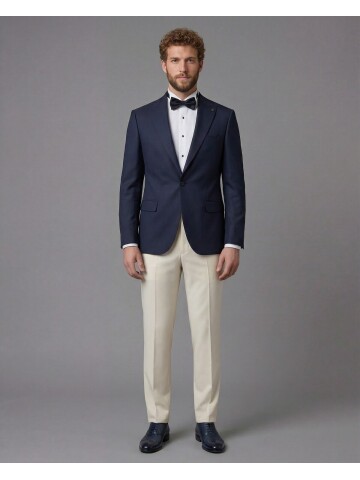 Navy Blue Peak Lapel Comfort Fit Single Button Tuxedo Jacket & Beige Trousers Suit Combination